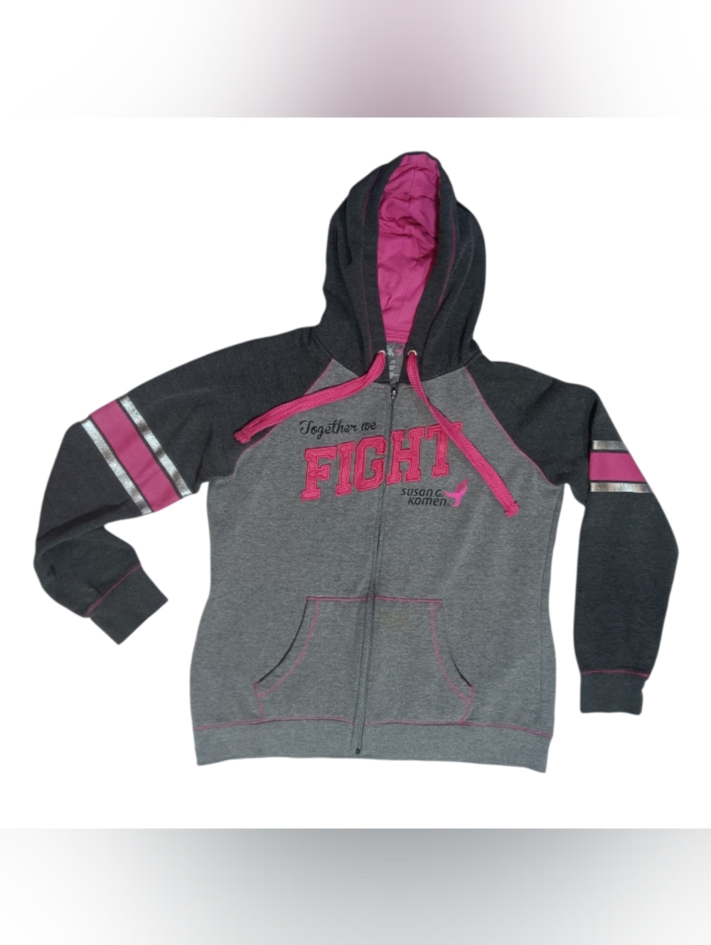 Susan G. Komen Together We Fight Pink & Gray Full Zip Hoodie L Hooded Jacket